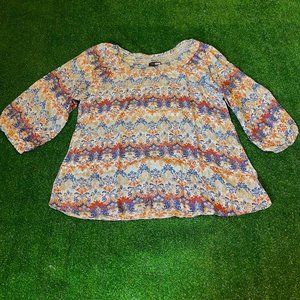 Black Note Long Sleeve Shirred Neck Damask Lightweight Bohemian Blouse Size L